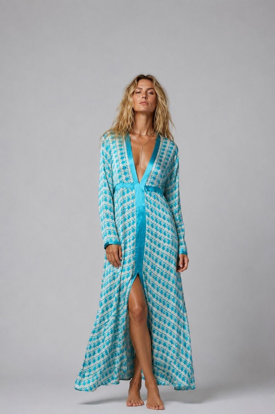 NWT Paula Thomas for TW Blue Skull Print 100% Silk Maxi Kaftan Dress XS S  (151)